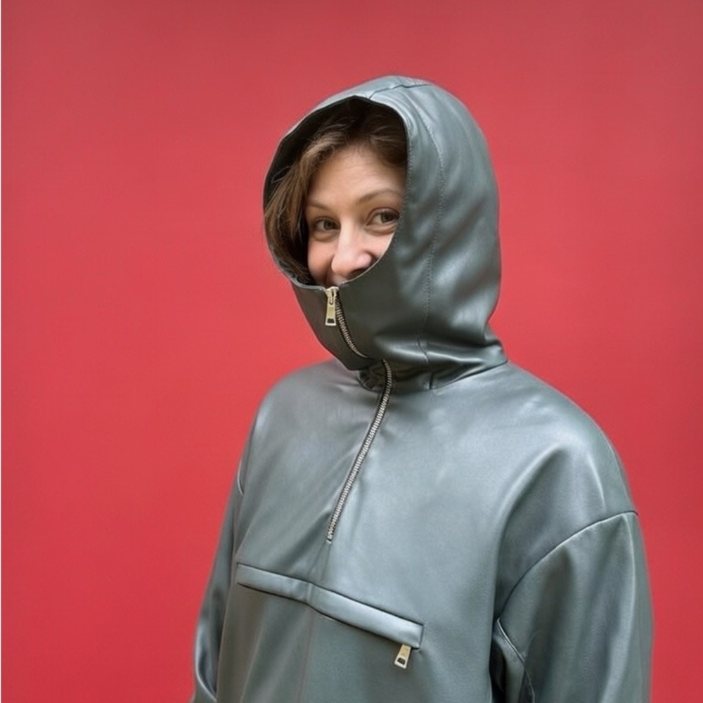 dark grey faux leather hoodie half zip